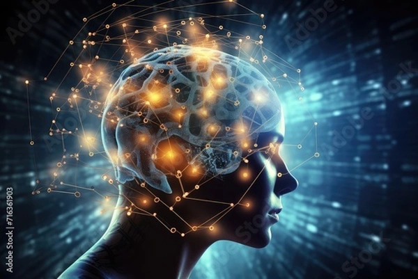 Fototapeta Brain puzzle, jigsaw: Occipital bone childhood disorder study. Brainwave convergence iridescent cognitive flux. Head imaging intellectual advancement detecting dementia, cognitive brain challenges