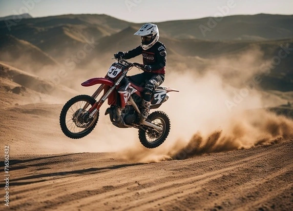 Fototapeta A person doing motocross on a dirt and dusty road. doing acrobatic stunts in the air
