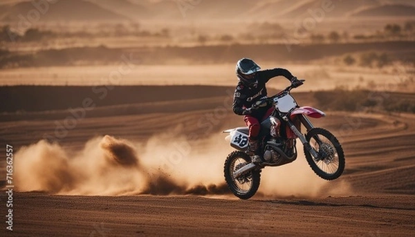 Obraz A person doing motocross on a dirt and dusty road. doing acrobatic stunts in the air
