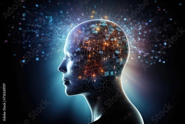 Fototapeta Brain puzzle jigsaw: training for mind fitness. Energy flows through synapses, enhancing skill and neuronal connections. Mindset influences colorful thinking in cognitive exercises and axon learning.
