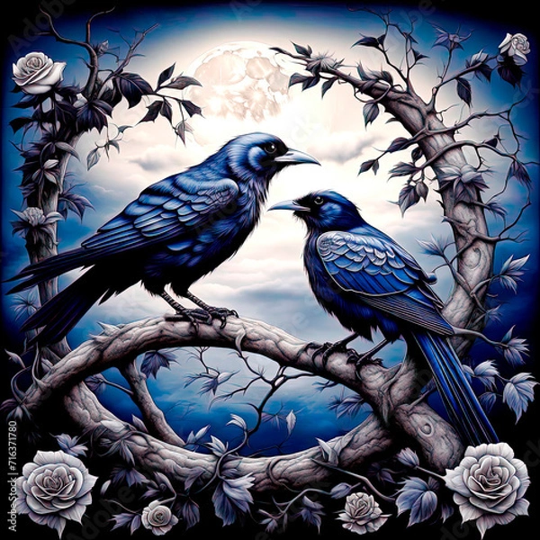 Fototapeta Two crows in the rose garden on a moonlit night