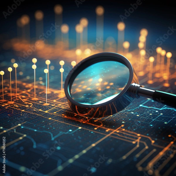 Fototapeta Magnifying Glass on Data Analysis Charts, Close-up of Technology
