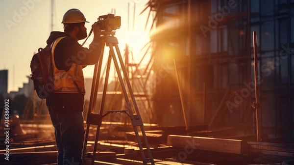 Fototapeta In the midst of a construction project, this image highlights a surveyor's skill with theodolite transit, crucial for architectural precision and land development.