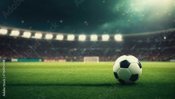 Fototapeta Soccer ball on grass in stadium at night. Generative AI.