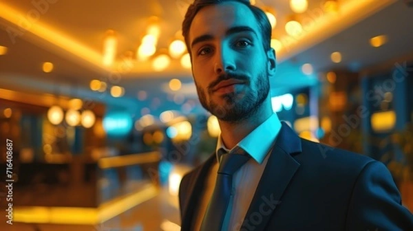 Fototapeta A professional man in a suit and tie standing in a lobby. Suitable for corporate and business-related themes
