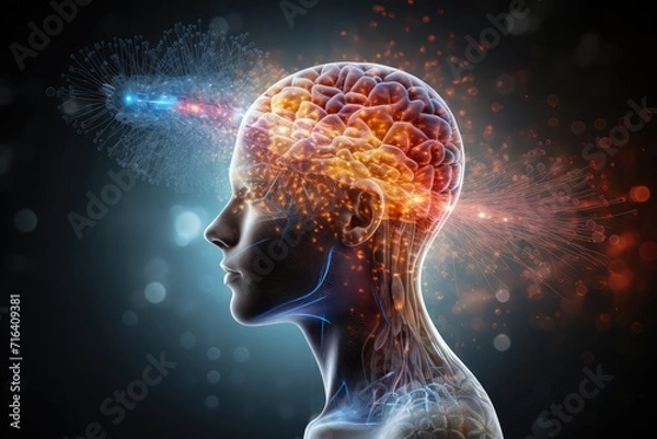 Fototapeta Brain neuron, creativity colorful canvas of cognition. Axon attraction navigate neural imaginarium, fostering originality. Amidst higher order thinking, cultural nuances neuroscience, PET metabotropic