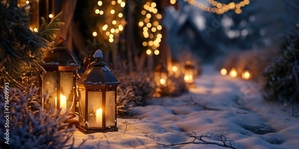 Fototapeta A row of lanterns sitting on top of a snow covered ground. Can be used for winter decorations or festive occasions