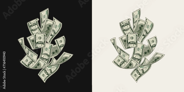 Fototapeta Falling, flying 100 dollar banknotes, dollar notes. Pile of cash money. Composition, design element in vintage style.
