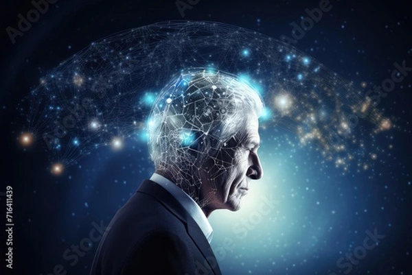 Fototapeta Vibrant realm brain, colorful neuronal network convergent thinking. Axon traverse thoughts, suppressor pathway. Wakefulness frontal lobe function, mindset habits. Neuronal network magnetic pull axon.