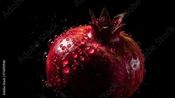 Fototapeta Fresh pomegranate with water splashes and drops on black background