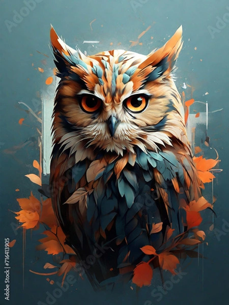 Fototapeta Watercolor portrait of an owl with an orange and blue eyes. Created using generative AI tools