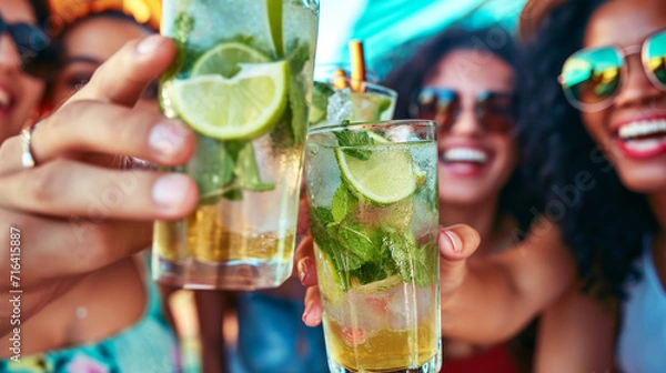 Fototapeta close-up friends enjoying happy hour toasting fresh mojito cocktails at open bar 