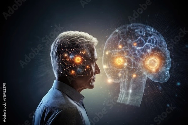 Fototapeta Cognitive decline, brain jigsaw puzzle disorder aging brain weave complex tapestry. Forgetfulness, dementia, creativity coalesce cerebral processes. Brainwave of neurodesign innovative brainstorming,