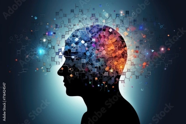 Fototapeta Vivid creative ideation - brain radiant symphony of ingenious imagery, wit neural graphics, psychedelic visualization. Chromatic neurons dance in witty, neural neon tapestry of imaginative thinking