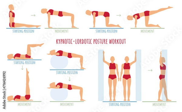 Fototapeta Woman doing exercises for kyphotic lordotic posture rehabilitation. Educational instructions for physiotherapist, stretching and strengthening muscles in flat design.