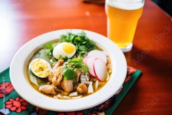 Fototapeta pozole served with a cold beer on the side