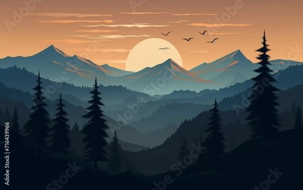 Fototapeta Vector illustration of very beautiful pine forest and mountain silhouettes


