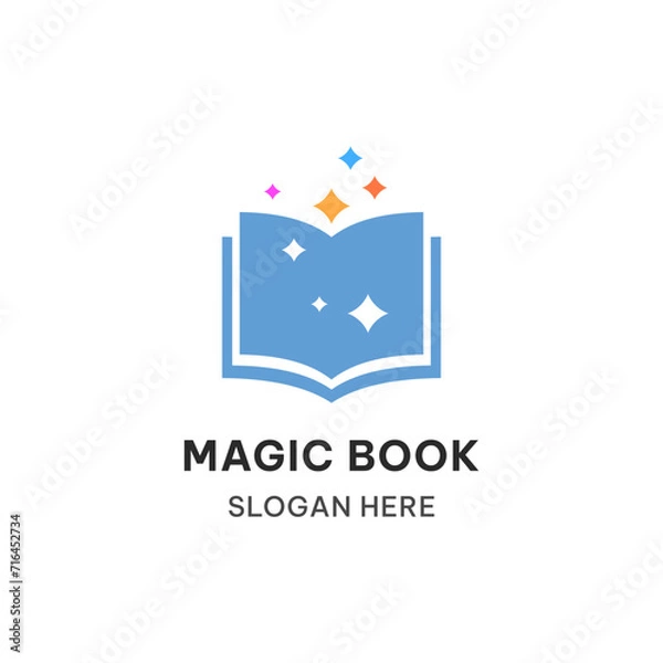 Obraz Magic book logo concept. Open book and stars vector illustration