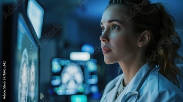 Fototapeta Confident Female Neurologist, Neuroscientist, Neurosurgeon, Looks at TV Screen with MRI Scan with Brain Images, Thinks about Sick Patient Treatment Method. Saving Lives, Medical Science Hospital