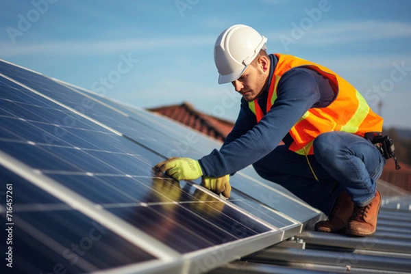 Obraz A solar power consultant expert on a roof installing solar panels.