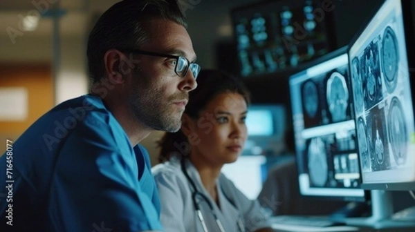 Fototapeta Medium close-up a male and a female doctor analyzing result of a brain scan