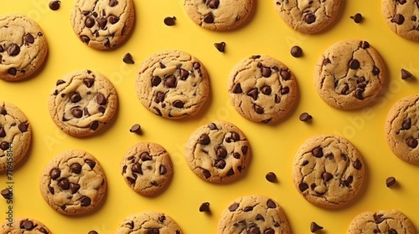 Fototapeta Pattern of chocolate chip cookies scattered on a isolate yellow background
