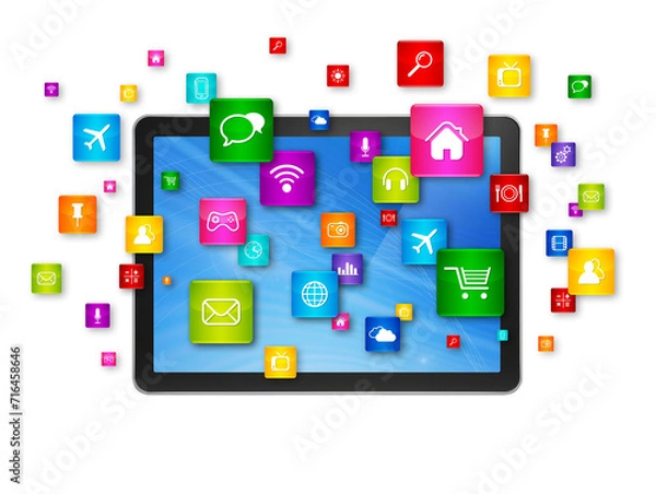 Obraz Digital Tablet pc and flying apps icons