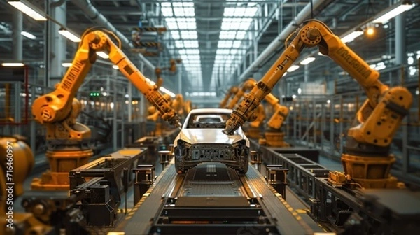 Fototapeta Automated Robot Arm Assembly Line Manufacturing High-Tech Green Energy Electric Vehicles. Automatic Construction, Building, Welding Industrial Production Conveyor Car Factory Concept: