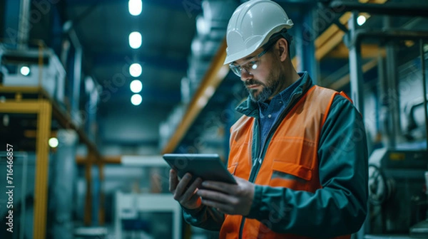 Fototapeta Focused Engineer Using Tablet in Manufacturing Plant. A concentrated male engineer in safety gear inspects production data on a tablet inside an industrial manufacturing facility.