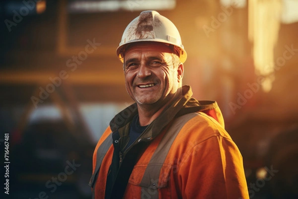Fototapeta A smiling mature man worker in a construction site.