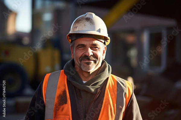 Fototapeta A smiling mature man worker in a construction site.
