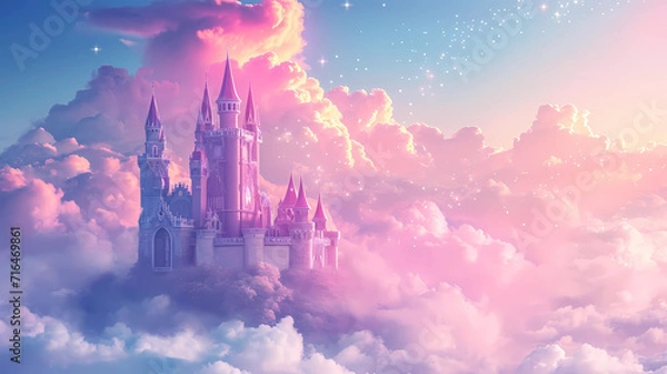 Fototapeta Castle in the  clouds and dreams. Pink Castle in the clouds. Fantasy world. Fairytale landscape. magical and mystical medieval kingdom In clouds in pastel tones.