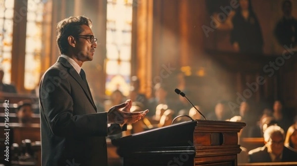 Obraz An Indian lawyer presents his case with conviction in the warm glow of Mumbai's court chamber