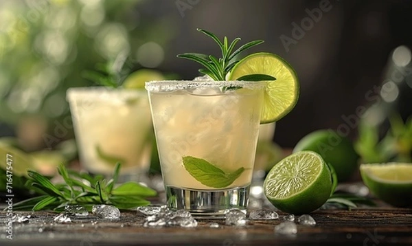 Fototapeta Blurred background with a transparent light drink on the table.