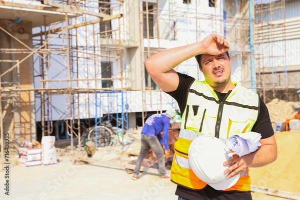 Fototapeta Foreman working outdoors condominium construction project exhausted from the hot weather and thirsty tired dizzy headache is dehydrated and wants to drink water suffer dehydration heatstroke.