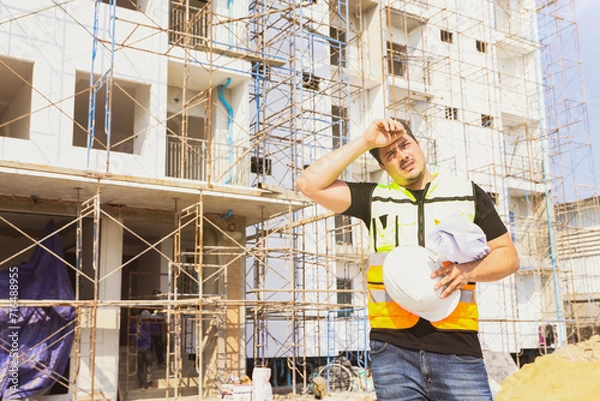 Fototapeta Foreman working outdoors condominium construction project exhausted from the hot weather and thirsty tired dizzy headache is dehydrated and wants to drink water suffer dehydration heatstroke.