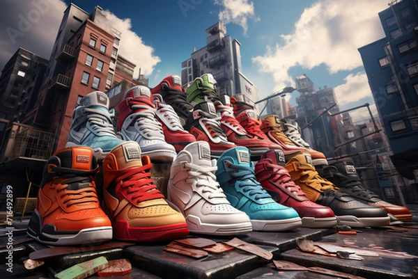 Fototapeta A colorful assortment of sneakers stacks high above an urban street, symbolizing a promotional sale in a bustling city environment.