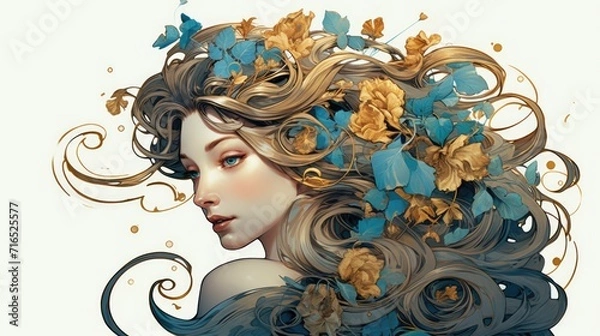 Fototapeta Ethereal Woman Embraced by Art Nouveau Botanicals.