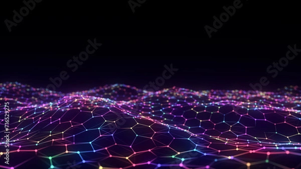 Fototapeta Futuristic hexagon wave. Dark cyberspace. Abstract wave with dots and line. White moving particles on background. 3d rendering.