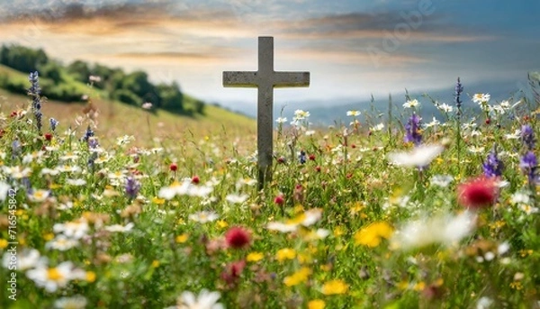Fototapeta Cross in a Meadow: A simple cross set in a peaceful meadow, surrounded by wildflowers and the tranquility of nature.