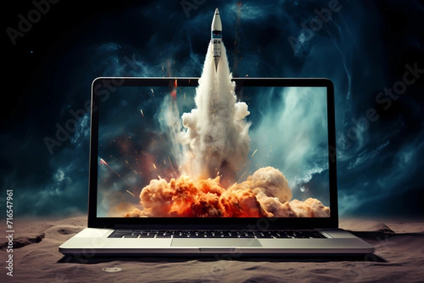 Obraz Launching Space Rocket From Laptop Screen.