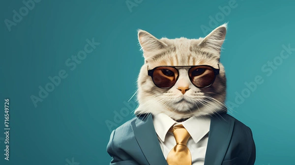 Obraz A cat wearing sunglasses and a suit with a tie