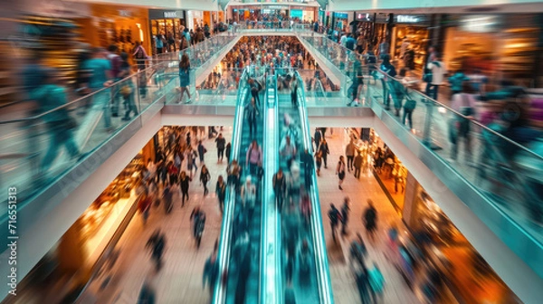 Obraz shopping mall full of people in motion, blurred people, shopping concept