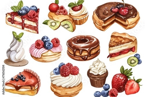 Fototapeta Illustration of fresh bakery items with fruit and cream Isolated on a white background