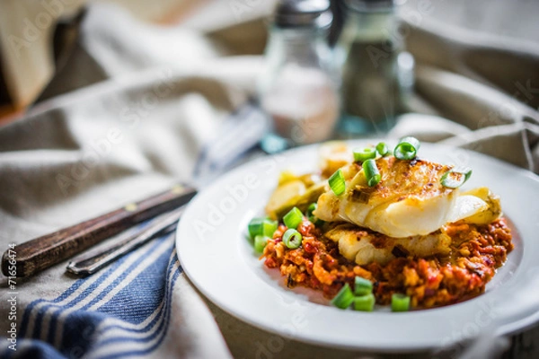 Fototapeta Roasted hake with romesco sauce and onion on wooden background