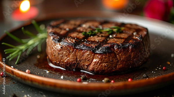 Fototapeta Succulent Medium-Rare Grilled Steak with Fresh Herbs by Generative A.I.