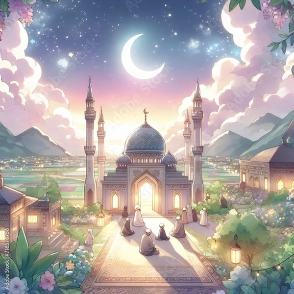 Fototapeta Fantasy landscape with mosque and crescent moon in the sky. Ramadan kareem, eid mubarak and eid fitr concept.