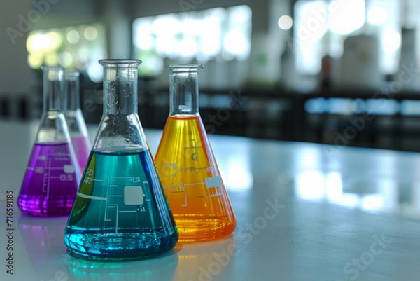 Fototapeta Colourful Laboratory Flasks on Table.
Three lab flasks with vibrant chemicals on a lab bench.
