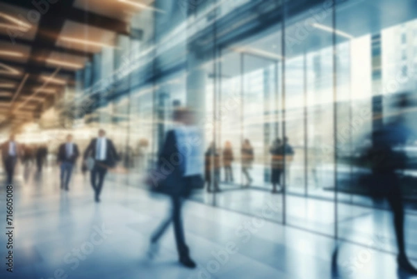 Fototapeta Abstract bokeh background. Blurred background business people in suits walk in hall of modern glass office, corridor of business center, shopping center, bank. Business concept