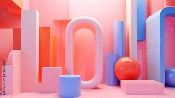 Fototapeta Chromatic Symphony: A Captivating 3D Render Abstract Background Infused with Interconnected Tubes, Primitive Geometrical Structures, and a Profusion of Colorful Shapes, Unveiling an Exquisite 